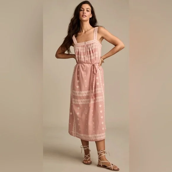 NWT Lucky Brand Boho Midi Dress Pink Embroidered Cotton Tie Waist Sz Small - Picture 3 of 5